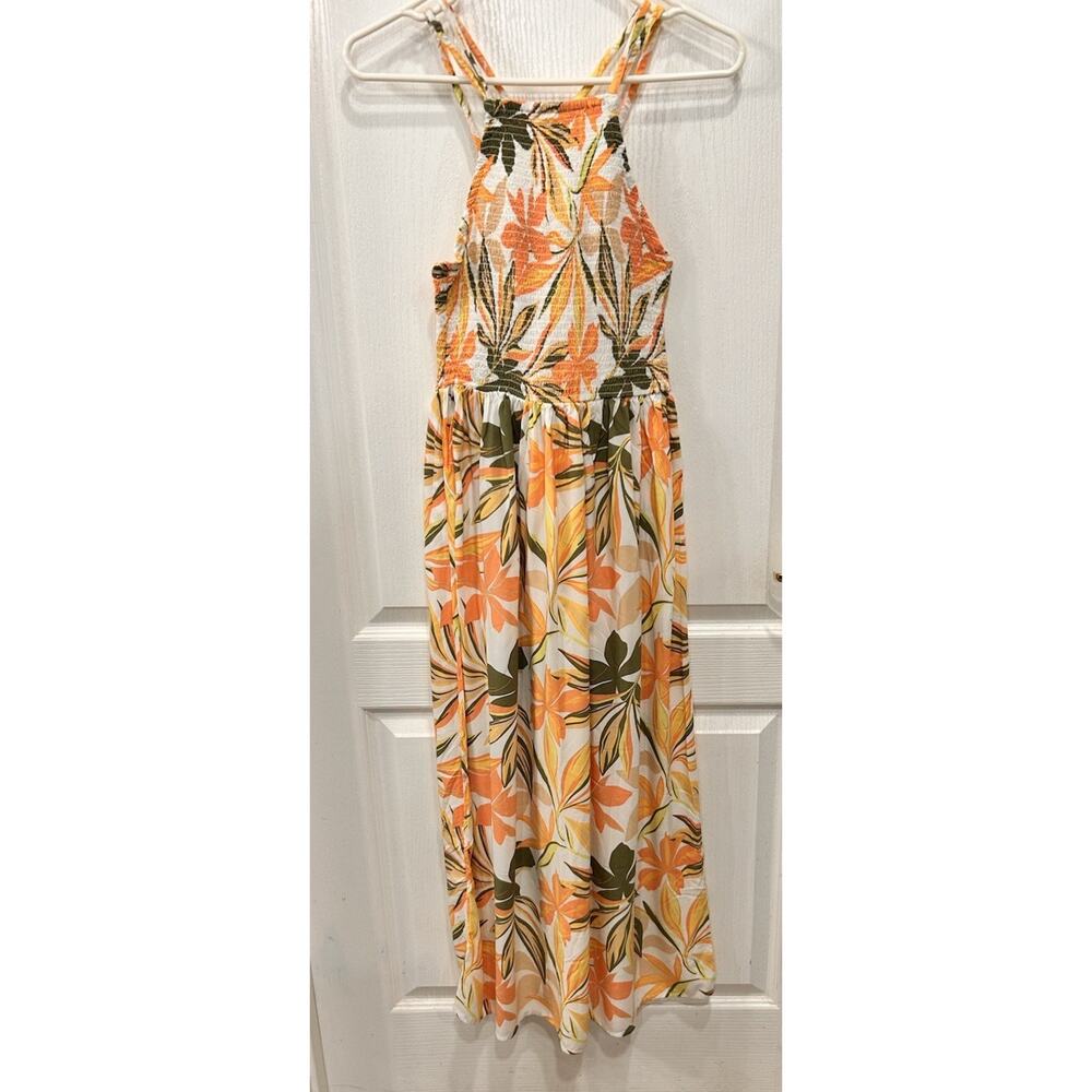 Roxy Bungalow Midi Dress Floral Size SP Hawaiian Smocked Halter Boho Coastal